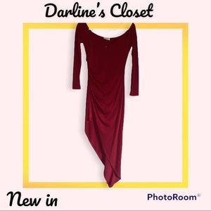 Red long sleeved skin tight dress.